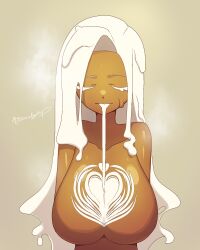 Rule 34 | 1girl, akira (meltyhip), breasts, completely nude, dark-skinned female, dark skin, facing viewer, heart, highres, huge breasts, latte art, long hair, monster girl, nude, original, personification, saliva, slime girl, smile, solo, tongue, tongue out, upper body, white hair