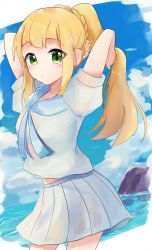Rule 34 | 1girl, blonde hair, blush, braid, closed mouth, cloud, commentary request, creatures (company), day, eyelashes, game freak, goma (nabepa nabepa), green eyes, highres, lillie (pokemon), long hair, looking at viewer, nintendo, outdoors, pleated skirt, pokemon, pokemon sm, shirt, short sleeves, sidelocks, skirt, sky, water, wet, wet clothes, wet shirt, wet skirt