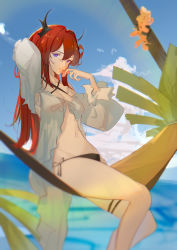 Rule 34 | absurdres, arknights, arm up, armpits, bare shoulders, bikini, black bikini, blue eyes, breasts, cleavage, criss-cross halter, feet out of frame, flower, halterneck, hammock, highres, holding, holding flower, horns, long hair, long sleeves, looking at viewer, medium breasts, naoel (naoel art), navel, official alternate costume, puffy long sleeves, puffy sleeves, red hair, side-tie bikini bottom, sitting, skindentation, stomach, surtr (arknights), surtr (colorful wonderland) (arknights), swimsuit, swimsuit cover-up, thigh strap, tree