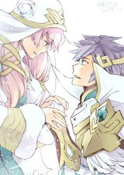 Rule 34 | 1boy, 1girl, armor, blue eyes, brother and sister, dated, earrings, feather trim, fire emblem, fire emblem heroes, from side, fur trim, gunnthra (fire emblem), hair ornament, holding hands, hrid (fire emblem), jewelry, long hair, long sleeves, nintendo, parted lips, pink hair, short hair, shoulder armor, siblings, silver hair, simple background, spiked hair, veil, white background, yugyouji tama