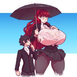 Rule 34 | 1boy, 1girl, amamiya ren, bad anatomy, blush, breasts, covered erect nipples, curvy, gigantic breasts, glasses, gluteal fold, height difference, long hair, n647, narrow waist, persona, persona 5, red hair, tall female, taller female, thick thighs, thighs, umbrella, wet, wet clothes, wide hips, yellow eyes, yoshizawa kasumi