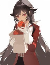 Rule 34 | 1girl, absurdres, alice (pandora hearts), apple, bag, black hair, chongzhen 085, coat, commentary, eating, english commentary, food, fruit, gloves, hair flaps, hands up, highres, holding, holding bag, holding food, holding fruit, long hair, long sleeves, looking at viewer, open mouth, pandora hearts, paper bag, red coat, red eyes, sidelocks, simple background, sleeve cuffs, solo, upper body, very long hair, white background, white gloves
