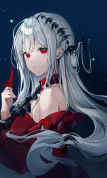 Rule 34 | 1girl, amagu / leinkoteu, arknights, ascot, bare shoulders, black ascot, blue background, commentary, detached sleeves, dress, female focus, highres, long hair, looking at viewer, low-tied long hair, nail polish, no headwear, red dress, red eyes, red nails, silver hair, skadi (arknights), skadi the corrupting heart (arknights), solo, upper body, very long hair