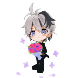Rule 34 | 1girl, androgynous, black footwear, black pants, black shirt, black suit, blush stickers, bouquet, chibi, commentary, flower, flower (vocaloid), formal, holding, holding bouquet, looking at viewer, multicolored hair, note55885, pants, purple eyes, purple flower, purple hair, red flower, shirt, smile, solo, sparkle, streaked hair, suit, tulip, flower (vocaloid4), vocaloid, white background, white hair