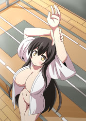 Rule 34 | 10s, 1girl, akagi (kancolle), areola slip, arms up, black hair, blush, bottomless, breasts, brown eyes, female focus, highres, huge breasts, kantai collection, long hair, looking at viewer, naruse mai, navel, no bra, open clothes, puffy nipples, shirt, smile, solo, standing