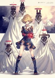 Rule 34 | 1girl, angel wings, blonde hair, blue dress, blue footwear, blush, boots, clawed gauntlets, closed mouth, cloud, commentary, copyright request, dress, full body, gauntlets, half mask, highres, jewelry, kusano shinta, long sleeves, mask, red eyes, ring, short dress, short hair, single gauntlet, smile, solo, standing, thighs, wings