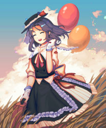Rule 34 | 1girl, :d, alternate costume, arm behind back, balloon, black hat, black skirt, black vest, blue hair, bow, buttons, closed eyes, cloud, collared shirt, cowboy shot, facing viewer, fedora, floating hair, frilled hat, frilled shirt collar, frills, furahata gen, gloves, grass, hat, hat bow, highres, holding, holding suitcase, kumoi ichirin, lolita fashion, medium hair, neckerchief, open mouth, outdoors, parted bangs, red bow, shirt, short sleeves, skirt, skirt set, sky, sleeve cuffs, smile, solo, striped neckerchief, suitcase, teeth, touhou, upper teeth only, vest, waist bow, white bow, white gloves, white shirt