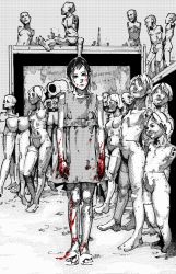 Rule 34 | 1girl, artist request, blood, blood stain, doll, mannequin, monochrome, monster girl, solo, zombie