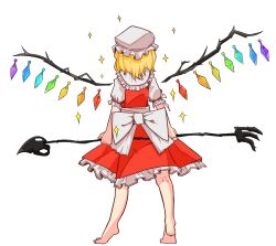 Rule 34 | 1girl, absurdres, back bow, barefoot, blonde hair, bow, chirpy, facing away, flandre scarlet, frilled shirt collar, frilled skirt, frilled sleeves, frills, from behind, full body, hat, highres, holding, holding polearm, holding weapon, laevatein (touhou), large bow, medium hair, mob cap, multicolored wings, polearm, puffy short sleeves, puffy sleeves, red skirt, red vest, shirt, short sleeves, simple background, skirt, skirt set, solo, sparkle, touhou, vest, weapon, white background, white bow, white hat, white shirt, wings
