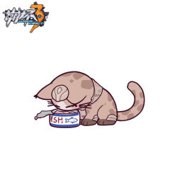 Rule 34 | animal, animal focus, can, can (honkai impact), canned food, cat, copyright name, eating, eta, closed eyes, food, honkai (series), honkai impact 3rd, no humans, simple background, solo, white background