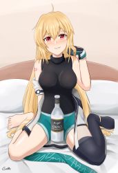 Rule 34 | 1girl, alcohol, aqua shorts, arm behind back, artist name, barefoot, bed, bedroom, black bodysuit, black thighhighs, blonde hair, blush, bodysuit, bottle, breasts, closed mouth, clothes pull, gamryous, girls&#039; frontline, gloves, green hairband, hairband, hand in own hair, hand on back, hand up, highres, jacket, jacket pull, long hair, looking at viewer, medium breasts, multicolored clothes, multicolored gloves, no shoes, number tattoo, on bed, pillow, red eyes, shorts, simple background, single thighhigh, sitting, smile, soles, solo, spread legs, sv-98 (girls&#039; frontline), tattoo, thighhighs, toes, unworn hairband, vodka