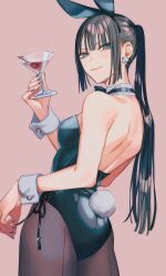 Rule 34 | 1girl, animal ears, ass, back, black hair, black leotard, breasts, brown pantyhose, cocktail glass, cup, detached collar, drinking glass, earrings, fake animal ears, fake tail, fate/grand order, fate (series), green eyes, highleg, highleg leotard, jewelry, jing ke (fate), katagiri (mighty swing), leotard, long hair, looking at viewer, medium breasts, pantyhose, playboy bunny, ponytail, rabbit ears, rabbit tail, sidelocks, smile, solo, tail, thighs, wrist cuffs