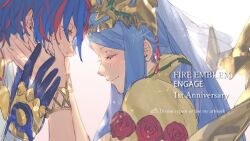 Rule 34 | 1boy, 1girl, 91007, alear (fire emblem), alear (male) (fire emblem), blue gloves, blue hair, bracelet, closed eyes, closed mouth, fire emblem, fire emblem engage, gloves, hair ornament, hand on another&#039;s face, highres, jewelry, long hair, lumera (fire emblem), mother and son, multicolored hair, nintendo, red hair, short hair, split-color hair, tiara, two-tone hair, white background