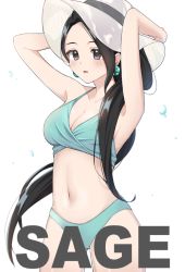 Rule 34 | 1girl, alternate costume, animification, arms behind head, black eyes, black hair, blush, breasts, character name, cleavage, earrings, hair behind ear, jewelry, long hair, looking at viewer, medium breasts, midriff, mou neru yo, navel, open mouth, ponytail, sage (valorant), solo, valorant, very long hair