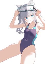 Rule 34 | 1girl, absurdres, animal ear fluff, animal ears, black one-piece swimsuit, blue archive, blue eyes, breasts, competition swimsuit, covered navel, cowboy shot, cross hair ornament, diving mask, diving mask on head, extra ears, goggles, goggles on head, grey hair, hair ornament, halo, highres, ichibanboshi yuzu, low ponytail, medium hair, mismatched pupils, multicolored clothes, multicolored swimsuit, official alternate costume, one-piece swimsuit, shiroko (blue archive), shiroko (swimsuit) (blue archive), simple background, small breasts, solo, swimsuit, white background, wolf ears