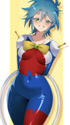 Rule 34 | 1girl, allenby beardsley, arms behind back, blue bodysuit, blue hair, bodysuit, bow, breasts, campbell xx, covered navel, g gundam, green eyes, grin, gundam, hair between eyes, highres, holding, hoop, hula hoop, impossible bodysuit, impossible clothes, jewelry, looking at viewer, medium breasts, mobile trace suit, multicolored bodysuit, multicolored clothes, red bodysuit, short hair, skin tight, smile, solo, thighs, yellow bow