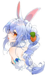 Rule 34 | 1girl, animal ear fluff, animal ears, bare shoulders, blue hair, bow, braid, carrot, cropped torso, detached sleeves, from behind, fur scarf, gotou (nekocat), hair between eyes, hair bow, highres, hololive, light blush, long hair, looking at viewer, multicolored hair, orange eyes, rabbit ears, rabbit girl, simple background, solo, symbol-shaped pupils, tongue, tongue out, twin braids, upper body, usada pekora, usada pekora (1st costume), virtual youtuber, white background