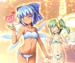 Rule 34 | 2girls, ^^^, backlighting, bare arms, bare shoulders, blue bow, blue bra, blue eyes, blue hair, blue panties, blurry, blurry background, blush, bow, bra, breasts, chima q, cirno, closed mouth, collarbone, cowboy shot, daiyousei, depth of field, detached wings, fairy, fairy wings, gluteal fold, green bra, green hair, green panties, hair bow, hand up, heart, highres, ice, ice wings, looking at viewer, multiple girls, navel, o o, one eye closed, panties, pouty lips, short hair, side ponytail, small breasts, stomach, surprised, sweat, tanned cirno, touhou, underwear, underwear only, wings, yellow bow