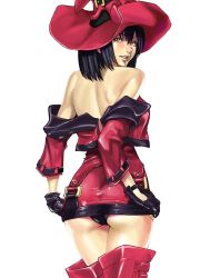 Rule 34 | 1girl, arc system works, ass, back, bare shoulders, black hair, black panties, boots, dress, from behind, gloves, guilty gear, guilty gear xx, hat, i-no, leather, long sleeves, looking back, mole, ohshima ryo, ooshima ryou, panties, pantylines, red dress, red hat, red skirt, red thighhighs, shiny clothes, short dress, skirt, solo, standing, thigh boots, thighhighs, underwear, vinyl, witch hat, yellow eyes