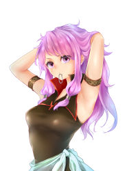 Rule 34 | 1girl, adjusting hair, armband, armpits, arms behind head, arms up, breasts, dress, fire emblem, fire emblem: the sacred stones, hair tie, hand in own hair, highres, long hair, looking at viewer, marisa (fire emblem), medium breasts, mouth hold, nintendo, purple eyes, purple hair, shiro hougyoku, simple background, sleeveless, solo, upper body, white background