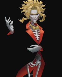 Rule 34 | 1boy, absurdres, black background, black sclera, blonde hair, boku no hero academia, bow, bowtie, colored sclera, gloves, grin, hand up, highres, looking at viewer, male focus, medium hair, messy hair, pale skin, red meat sauce, skeleton, smile, solo, standing, thick eyebrows, white gloves, yagi toshinori, yellow bow, yellow bowtie