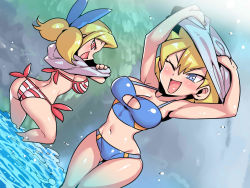 Rule 34 | 2girls, ;d, arms up, ass, bikini, blonde hair, blue eyes, blush, breasts, cleavage, clothes lift, commentary request, multiple girls, navel, one eye closed, open mouth, partially submerged, red eyes, shantae (series), shantae and the pirate&#039;s curse, shirt lift, smile, striped bikini, striped clothes, swimsuit, tukiwani, twitch (shantae), undressing, vinegar (shantae), wading, water
