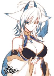 Rule 34 | 1girl, animal ears, belly, blue eyes, breasts, bridal gauntlets, choker, cleavage, dated, detached sleeves, dragon tail, fox ears, frown, heterochromia, horns, jewelry, konshin, large breasts, necklace, orie hakua, pixiv fantasia, pixiv fantasia new world, signature, solo, tail, twitter username, white hair, yellow eyes