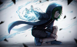 Rule 34 | 1other, androgynous, battle, black shirt, blue footwear, blue hood, blue jacket, blue shorts, blush, clothes lift, collared shirt, commentary, dark foreground, english commentary, from side, frown, full body, glass shards, green eyes, green hair, high collar, hood, hood up, hooded jacket, hydrokinesis, injury, jacket, jacket lift, len&#039;en, looking ahead, medium hair, mixed-language commentary, open clothes, open jacket, open mouth, outstretched hand, shirt, shitodo aoji, shoes, shorts, socks, solo, squatting, water, white background, white socks, yamanoskk