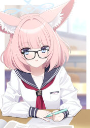 1girl animal_ear_fluff animal_ears arms_on_table bespectacled black-framed_eyewear blue_archive blue_eyes blue_halo blunt_bangs blurry blurry_background blush classroom commentary desk eko fox_ears fox_girl fox_platoon_(blue_archive) glasses halo highres holding holding_pen indoors long_sleeves looking_at_viewer medium_hair neckerchief niko_(blue_archive) open_mouth pen pink_hair puffy_long_sleeves puffy_sleeves red_neckerchief sailor_collar school_uniform serafuku shirt simple_background solo upper_body white_shirt