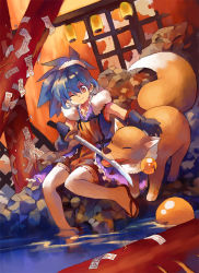 Rule 34 | 1girl, bad id, bad pixiv id, blue hair, brown eyes, fox, gloves, japanese clothes, one eye closed, sandals, shatiko, soaking feet, solo, sword, water, weapon, wink