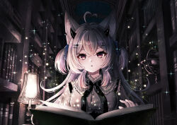 Rule 34 | 1girl, :o, ahoge, animal ears, armillary sphere, book, bookshelf, cat ears, cat girl, commission, dark room, desk lamp, frills, hair ornament, hairclip, heart, heart ahoge, highres, horns, indie virtual youtuber, lamp, library, light particles, long hair, multicolored hair, muted color, parted lips, pixiv commission, reading, red hair, solo, streaked hair, tanaka fumiko, two side up, virtual youtuber, white hair
