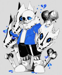 Rule 34 | 1boy, 21 ke, ankle socks, black shorts, blue eyes, blue jacket, bone, broken heart, commentary request, constricted pupils, crazy grin, crazy smile, evil grin, evil smile, eye socket, full body, fur-trimmed jacket, fur trim, gasterblaster, grey background, grin, hatching (texture), heart, highres, jacket, linear hatching, long sleeves, looking at viewer, magic, male focus, open clothes, open jacket, partial commentary, petting, sans (undertale), shorts, skeleton, slippers, smile, socks, solo, spot color, standing, staring, undertale