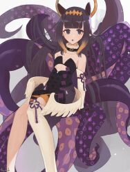 Rule 34 | 1girl, absurdres, black dress, black eyes, black hair, choker, detached sleeves, dress, fang, frilled choker, frills, highres, hololive, hololive english, hurbruh, long hair, looking at viewer, low wings, mole, mole under eye, ninomae ina&#039;nis, ninomae ina&#039;nis (1st costume), open mouth, pointy ears, single detached sleeve, single thighhigh, skin fang, sleeveless, sleeveless dress, strapless, strapless dress, tentacle hair, tentacles, thighhighs, tube dress, very long hair, virtual youtuber, white choker, white sleeves, white thighhighs, wings