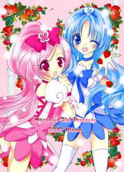 Rule 34 | 10s, 2010, 2girls, :d, :o, :p, bad id, bad pixiv id, blue eyes, blue hair, blue skirt, bow, brooch, choker, cure blossom, cure marine, dress, eyelashes, flower, food, fruit, hair flower, hair ornament, hair ribbon, hairpin, hanasaki tsubomi, happy, heart, heart brooch, heartcatch precure!, jewelry, koron (macarongirl27), koron (pixiv2556545), kurumi erika, long hair, magical girl, multiple girls, one eye closed, open mouth, outstretched hand, pink bow, pink eyes, pink hair, ponytail, precure, ribbon, skirt, smile, sparkle, strawberry, strawberry blossoms, surprised, thighhighs, tongue, tongue out, white thighhighs, wink, wrist cuffs