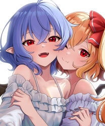 Rule 34 | 2girls, :d, ahoge, alternate costume, bare shoulders, blonde hair, blue hair, blush, bow, breasts, cheek-to-cheek, closed mouth, collarbone, commentary request, crossed bangs, eyelashes, fang, fangs, flandre scarlet, frilled shirt, frills, hair between eyes, hair bow, hand on another&#039;s arm, happy, heads together, highres, hug, kisaragi koushi, looking at viewer, medium hair, multiple girls, nail polish, no headwear, off-shoulder shirt, off shoulder, one eye closed, open mouth, pointy ears, red bow, red eyes, red nails, remilia scarlet, shirt, siblings, sidelighting, simple background, sisters, skin fang, small breasts, smile, split mouth, touhou, tsurime, upper body, white background, white shirt