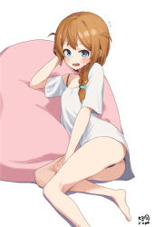 Rule 34 | 1girl, :o, artist name, baba konomi, bare legs, barefoot, black panties, blush, braid, braided ponytail, breasts, brown hair, cushion, dated, embarrassed, flying sweatdrops, highres, idolmaster, idolmaster million live!, leaning on object, looking at viewer, myeolchi, no pants, panties, shirt, side ponytail, simple background, small breasts, solo, sweatdrop, underwear, white background, white shirt