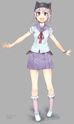 Rule 34 | 10s, 1girl, :d, blood, blood on clothes, dated, full body, gakkou gurashi!, grey background, hair ornament, hairclip, kneehighs, looking at viewer, open mouth, outstretched arms, pink socks, pleated skirt, purple hair, red eyes, school uniform, serafuku, shoes, short hair, sigama, simple background, skirt, smile, socks, solo, takeya yuki, twitter username, uwabaki, x hair ornament
