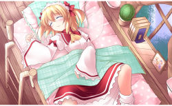 Rule 34 | 1girl, bad id, bad pixiv id, bed, blanket, blonde hair, blush, bow, eastern and little nature deity, closed eyes, female focus, gisyo, hair bow, indoors, lying, nature, on back, ribbon, short hair, sky, sleeping, smile, solo, sunny milk, touhou, twintails, wings