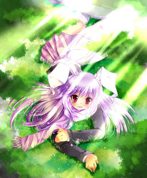 Rule 34 | 1girl, animal ears, bad id, bad pixiv id, blazer, blush, grass, jacket, light purple hair, long hair, looking at viewer, lying, mo huai mao, nature, on stomach, open mouth, rabbit ears, red eyes, reisen udongein inaba, scarf, skirt, solo, thighhighs, touhou, white thighhighs, zettai ryouiki