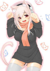 Rule 34 | 1girl, absurdres, animal ears, blush, breasts, cat ears, cat tail, dodome-iro mayonnaise, drawing, dress, flying sweatdrops, headphones, highres, kemonomimi mode, large breasts, long hair, long sleeves, nitroplus, open mouth, paw pose, pink hair, red eyes, scarf, solo, super sonico, sweater, sweater dress, tail, thighhighs, white thighhighs