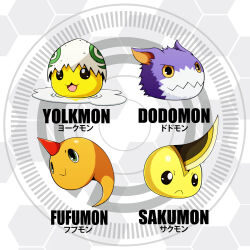 Rule 34 | digimon, digimon (creature), dodomon, fufumon, green eyes, happy, open mouth, sakumon, smile, yellow eyes, yolkmon