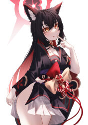 Rule 34 | 1girl, absurdres, animal ear fluff, animal ears, black choker, black hair, black kimono, black knight, blue archive, breasts, choker, cleavage, clenched hand, closed mouth, clothes grab, collarbone, commentary, finger to mouth, fox, fox ears, fox girl, fox tail, gluteal fold, hair between eyes, halo, head tilt, highres, japanese clothes, kimono, kitsune, legs together, long hair, long sleeves, medium breasts, multicolored hair, obi, obijime, parted bangs, red hair, sash, short kimono, sidelocks, simple background, single bare arm, smile, solo, symbol-only commentary, tail, tassel, thighs, tongue, tongue out, two-tone hair, very long hair, wakamo (blue archive), white background, wide sleeves, yellow eyes