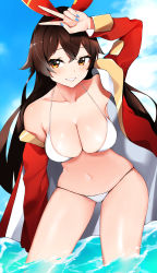 Rule 34 | 1girl, :d, absurdres, amber (genshin impact), bad id, bad pixiv id, bare shoulders, bikini, blue nails, blue sky, blush, breasts, brown hair, cleavage, cloud, collarbone, contrapposto, day, genshin impact, grin, hair ribbon, halterneck, hand on forehead, highres, jacket, large breasts, leaning forward, long sleeves, looking at viewer, mutsu ane daisuki, nail polish, navel, off shoulder, open clothes, open jacket, open mouth, orange eyes, outdoors, red jacket, red ribbon, ribbon, sky, smile, solo, stomach, string bikini, swimsuit, v, wading, water, white bikini
