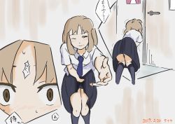 Rule 34 | 1girl, absurdres, artist name, between legs, blue neckwear, blue skirt, blue socks, blush, brown eyes, brown hair, close-up, closed mouth, constricted pupils, dated, door, embarrassed, female focus, from behind, half-closed eye, hand between legs, have to pee, highres, indoors, jaggy lines, japanese text, kneehighs, knees together feet apart, leaning forward, looking at viewer, multiple views, necktie, nose blush, one eye closed, original, outstretched arm, peeing, peeing self, pleated skirt, school uniform, shirt, signature, skirt, socks, standing, sweat, taiya (pixiv 33530521), translation request, wet, wet clothes, white shirt, wide-eyed