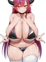 Rule 34 | 1girl, bare shoulders, bikini, black bikini, black nails, blush, breasts, cameltoe, cleavage, clenched teeth, collarbone, criss-cross halter, curvy, demon girl, grin, halterneck, highres, horns, huge breasts, long hair, looking at viewer, nail polish, navel, oekakizuki, original, pointy ears, red eyes, red hair, smile, solo, swimsuit, teeth, thick thighs, thighhighs, thighs, wide hips