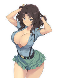 Rule 34 | 1girl, :&lt;, arms up, belt, black hair, blue eyes, blue shirt, blush, breasts, cleavage, closed mouth, commentary request, cowboy shot, el (girls und panzer), girls und panzer, green shorts, hands in hair, highres, large breasts, long hair, looking at viewer, no bra, open clothes, open shirt, parted bangs, sakana (flame sakana), shirt, short shorts, short sleeves, shorts, simple background, sketch, solo, suspender shorts, suspenders, v-shaped eyebrows, white background