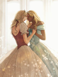 Rule 34 | 2girls, blonde hair, breasts, broad shoulders, closed eyes, commentary request, dark-skinned female, dark skin, earrings, forehead-to-forehead, hand on another&#039;s shoulder, heads together, highres, holding hands, hoshizora no shita, interlocked fingers, interracial, jewelry, light brown hair, medium breasts, multiple girls, original, parted lips, princess, signature, teeth, tiara, upper teeth only, yuri