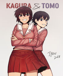 Rule 34 | 2girls, :d, absurdres, arms under breasts, artist name, azumanga daioh&#039;s school uniform, azumanga daiou, blue eyes, blush, bob cut, breasts, brown hair, character name, commentary, cowboy shot, crossed arms, dated, front-to-back, grey background, grin, hair between eyes, highres, jyan (jyan0209), kagura (azumanga daioh), large breasts, looking at viewer, loose hair strand, midriff peek, multiple girls, naughty face, neck ribbon, open mouth, parted lips, pink ribbon, pink serafuku, pleated skirt, red eyes, red skirt, ribbon, romaji commentary, romaji text, sailor collar, school uniform, serafuku, short hair, signature, simple background, skirt, smile, standing, takino tomo, teeth, v-shaped eyebrows, white sailor collar, winter uniform