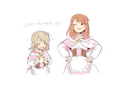 Rule 34 | 2girls, ;d, apron, bad id, bad pixiv id, blush, bow, brown eyes, brown hair, capelet, character request, closed eyes, flying sweatdrops, frilled apron, frills, hair bow, hands on own hips, idolmaster, idolmaster cinderella girls, long hair, long sleeves, matching outfits, morikubo nono, multiple girls, one eye closed, open mouth, pink bow, ringlets, shirt, simple background, skirt, sleeves past wrists, smile, translation request, uccow, waist apron, white apron, white background, white shirt, white skirt