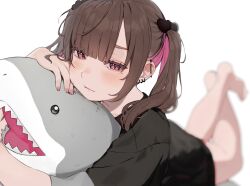 Rule 34 | 1girl, :t, black shirt, blurry, blurry background, blush, closed mouth, commentary request, depth of field, ear piercing, earrings, hair ornament, half-closed eyes, hamunezuko (nezukonezu32), hand up, heart, heart hair ornament, highres, hugging object, jewelry, legs up, looking at viewer, lying, mole, mole under eye, multicolored hair, nail polish, on stomach, original, piercing, pink hair, pink nails, red eyes, shirt, short sleeves, simple background, solo, stuffed animal, stuffed shark, stuffed toy, the pose, twintails, two-tone hair, white background